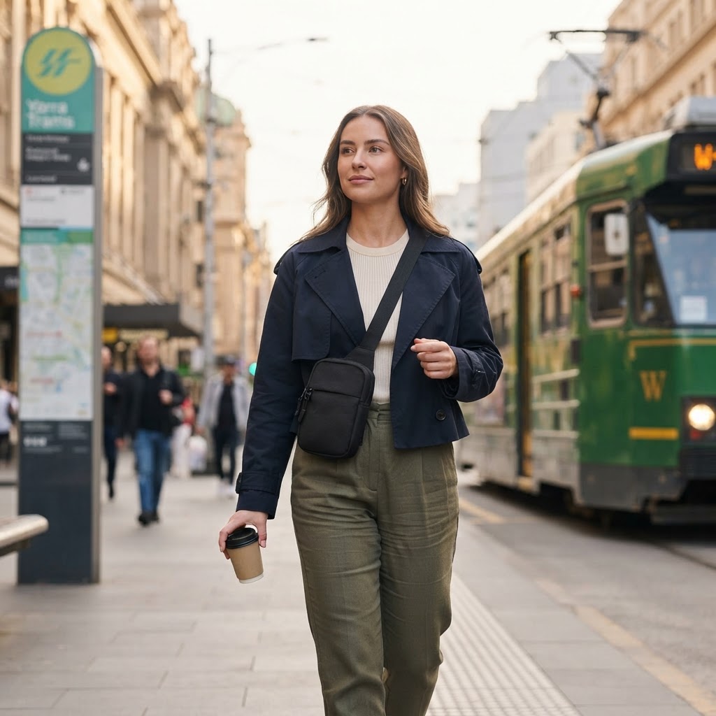 Woman wearing the Kiteline sling bag hands-free in the city