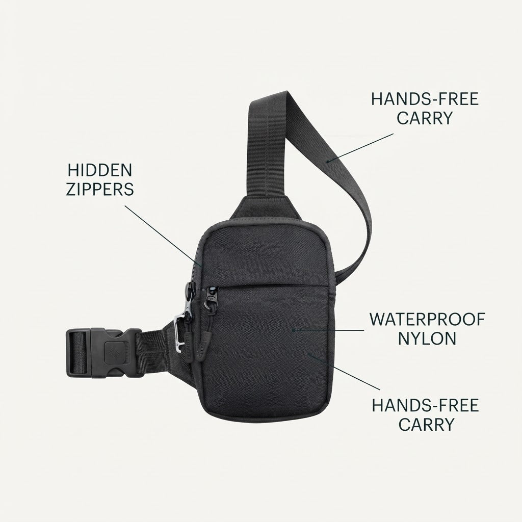 USP infographic - hidden zippers, water-resistant nylon, hands-free carry
